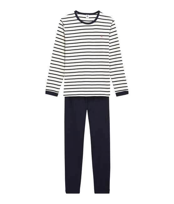 Boys' Ribbed Pyjamas MARSHMALLOW white/SMOKING blue