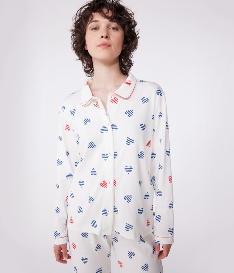 Women's buttoned cotton pajamas with heart print MARSHMALLOW white/MULTICO white