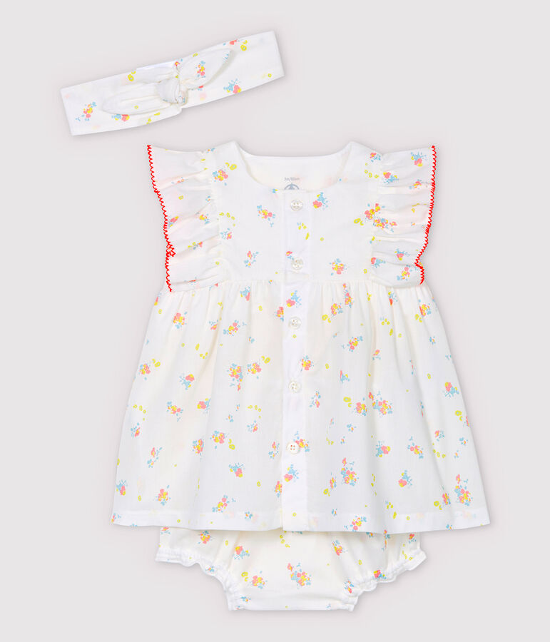 Baby Girls' Sleeveless Organic Cotton Poplin Dress with Bloomers and Headband MARSHMALLOW white/MULTICO white