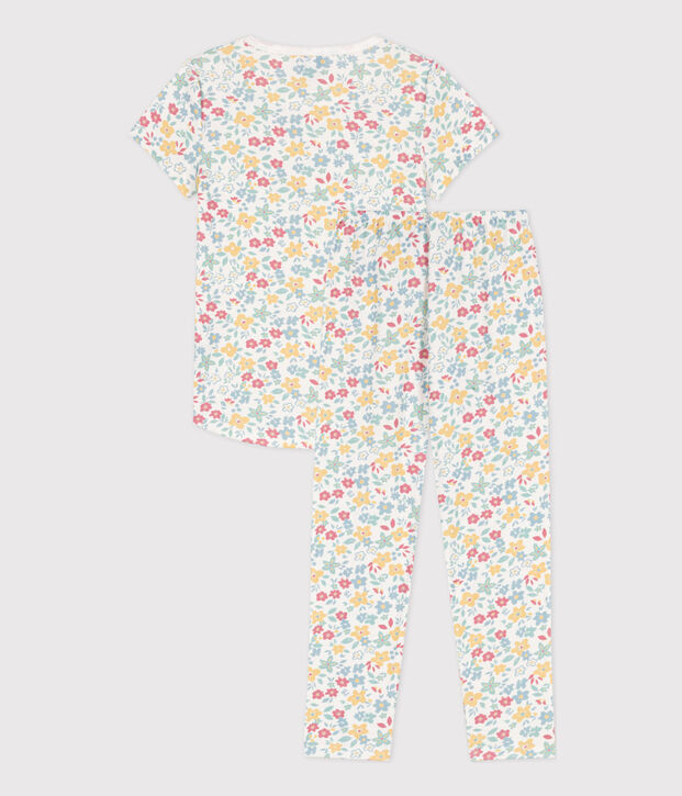 Girls' Floral Short-Sleeved Cotton Pyjamas white/multicolor