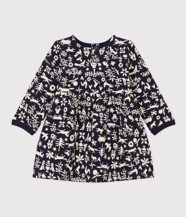 Babies' Long-Sleeved Patterned Quilted Tube Knit Dress blue/ecru