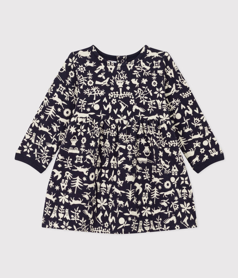 Babies' Long-Sleeved Patterned Quilted Tube Knit Dress blue/ecru