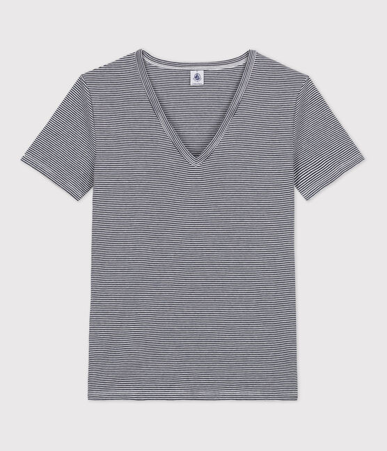 Women's Iconic Organic Cotton V-Neck T-Shirt SMOKING blue/MARSHMALLOW white