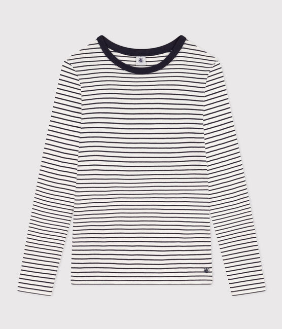 Women's Iconic Stripy Long-Sleeved Cotton T-shirt MARSHMALLOW white/SMOKING blue