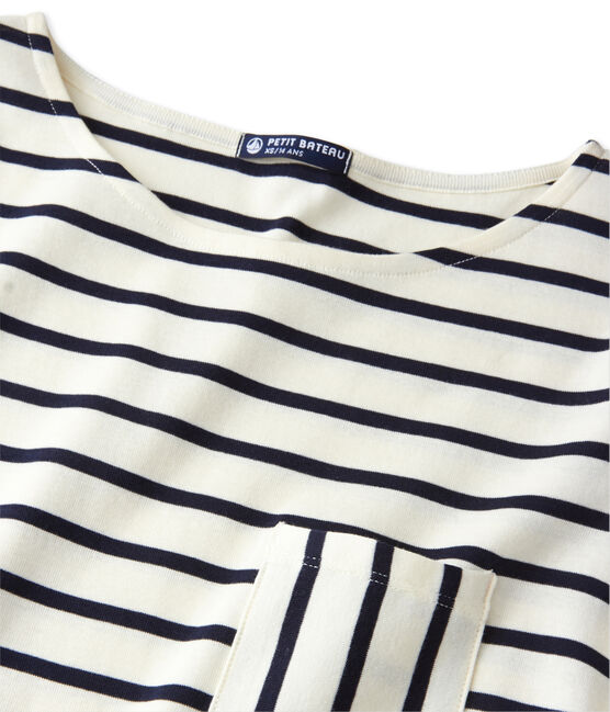 T-shirt femme manches longues en côte originale COQUILLE beige/SMOKING blue