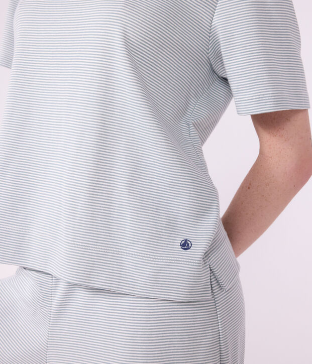 Women's wide-leg stripy cotton pyjamas grey/white