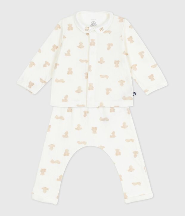 Babies' teddy bear print cotton 3-piece gift set white/BRUN