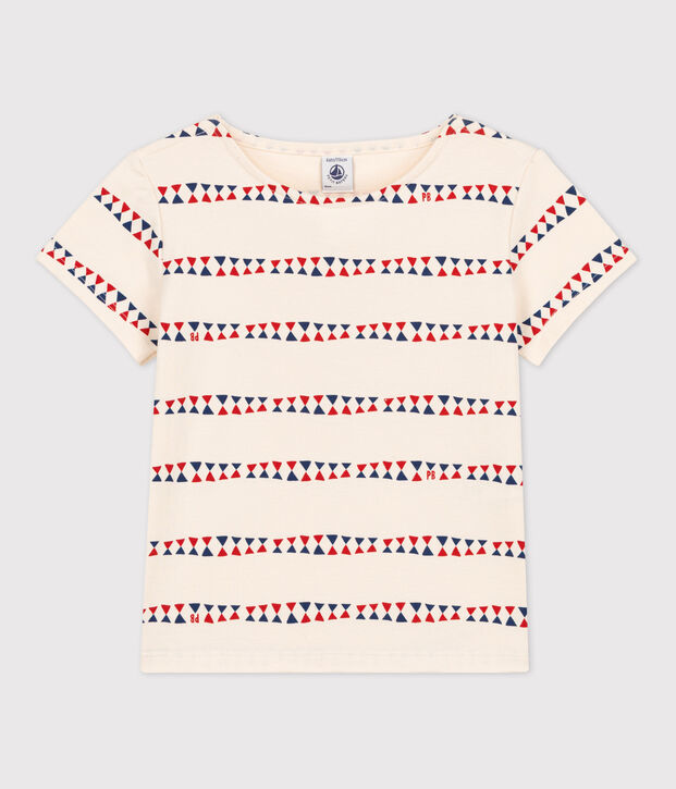 Girls' Short-Sleeved Cotton T-Shirt Ecru/multicolor