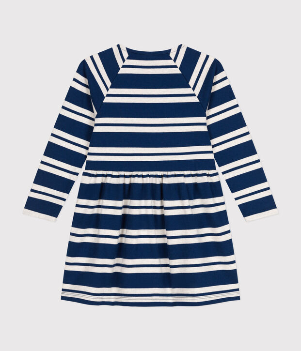 Girls' long-sleeved dress in thick cotton blue/beige