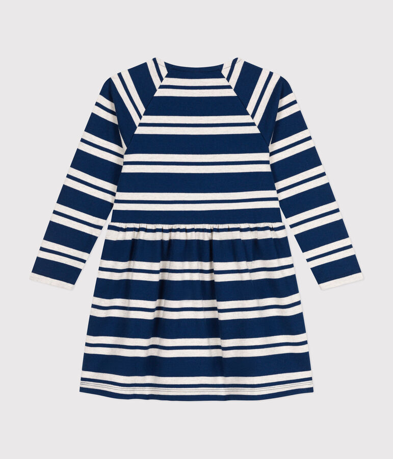 Girls' long-sleeved dress in thick cotton blue/beige
