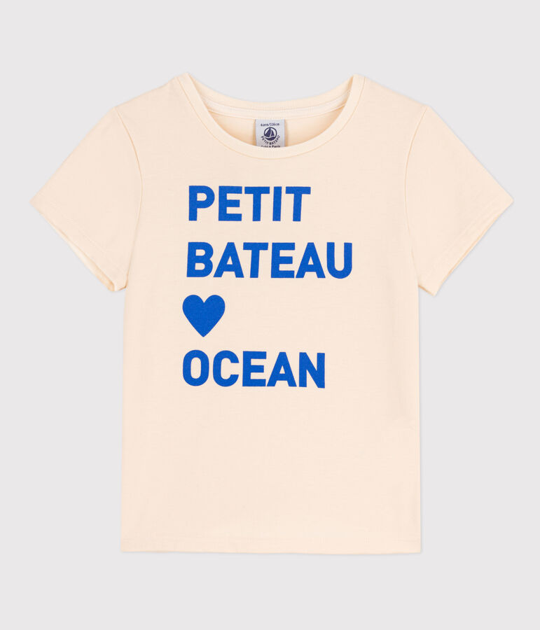 Girls' Short-Sleeved Patterned T-Shirt Ecru/blue