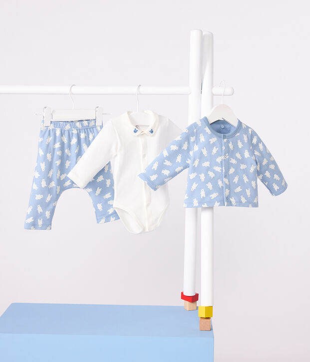 Babies' three-piece bear print set, including a body with an embroidered collar blue/multicolor