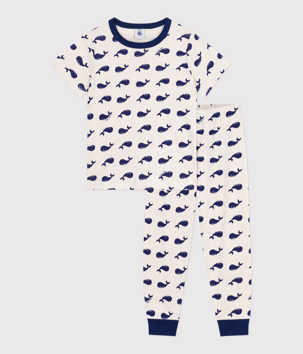 Children's printed cotton pyjamas with short sleeves and long legs beige/blue