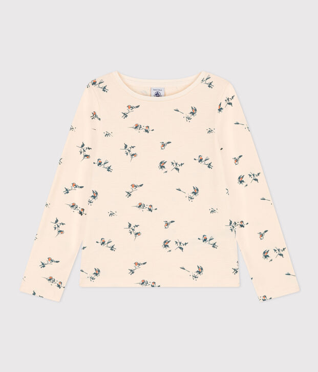 Girls' long-sleeved floral print cotton T-shirt Ecru/multicolor