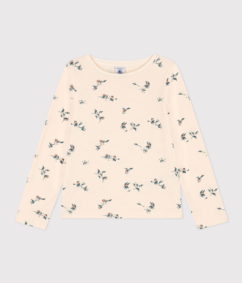 Girls' long-sleeved floral print cotton T-shirt Ecru/multicolor