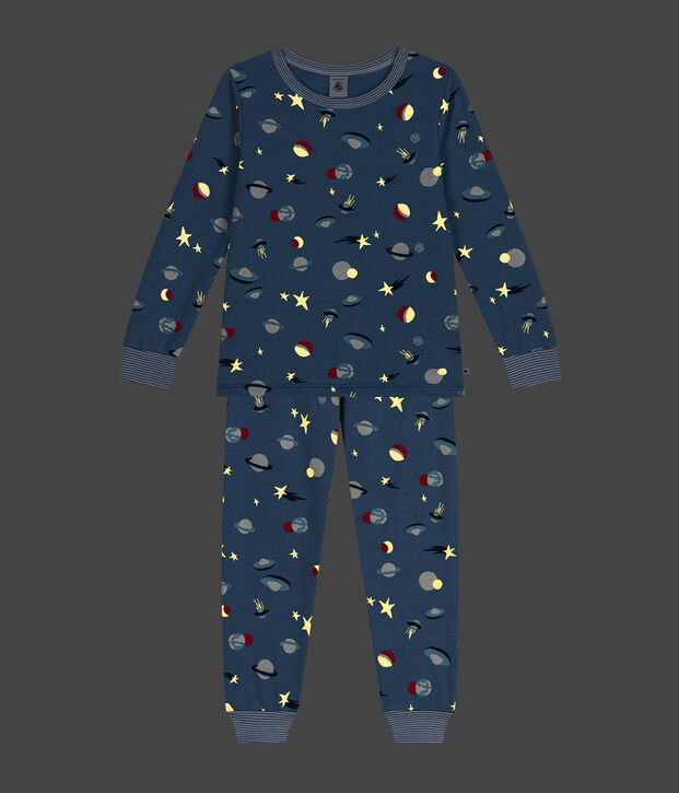Children's space print brushed fleece pyjamas blue/multicolor