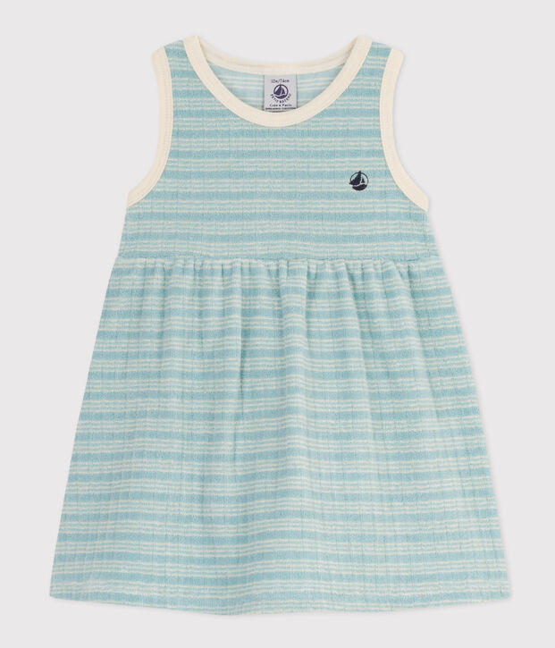 Babies' Sleeveless Striped Brushed Terry Towelling Dress green/ecru