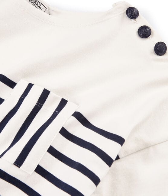 Women's short-sleeved stripy breton top MARSHMALLOW white/SMOKING blue