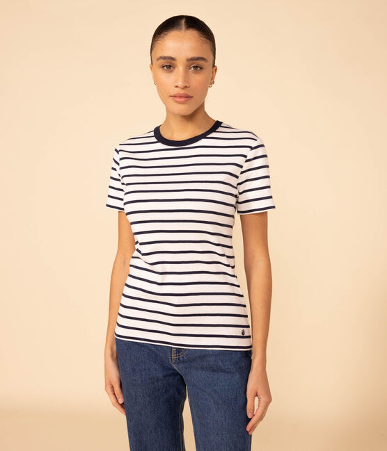 Women's Iconic Cotton Round Neck T-Shirt MARSHMALLOW white/SMOKING blue