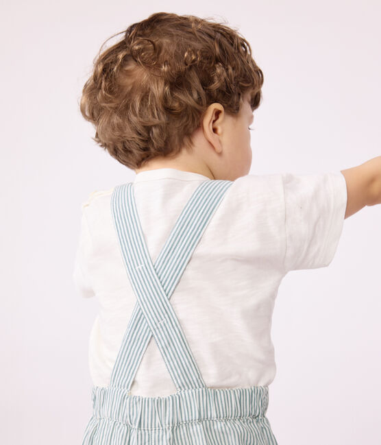 Babies' short-legged stripy cotton dungarees MARSHMALLOW white/BRUT blue