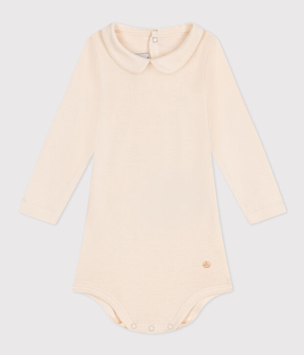 Babies' Long-Sleeved Cotton Bodysuit With Peter Pan Collar Ecru