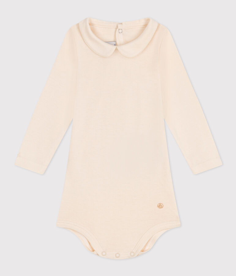Babies' Long-Sleeved Cotton Bodysuit With Peter Pan Collar Ecru