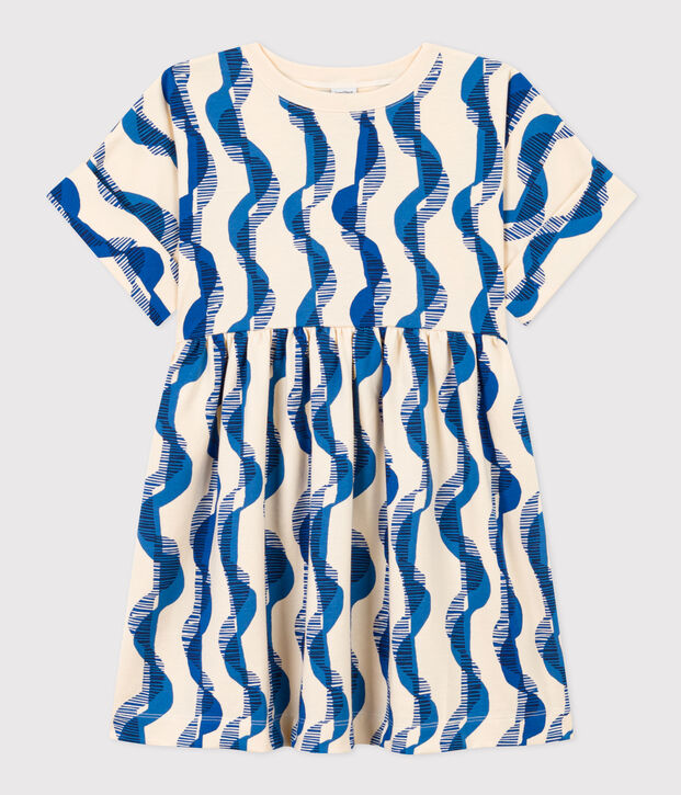 Short-sleeved cotton dress with printed pattern for girls. Ecru/multicolor