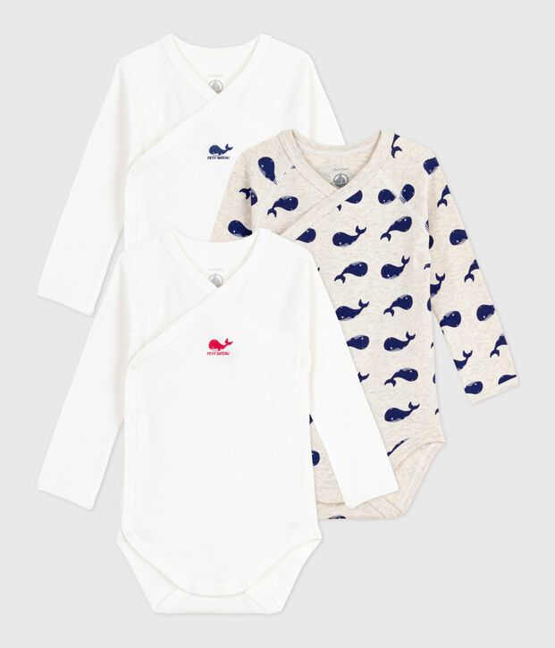 Pack of babies' long-sleeved printed cotton wrapover bodies multicolor