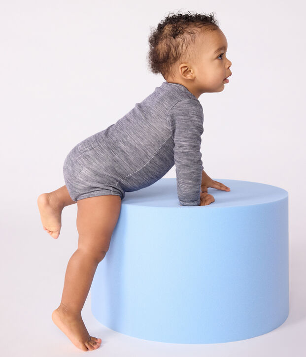 Babies' long-sleeved body in wool and cotton blue/white