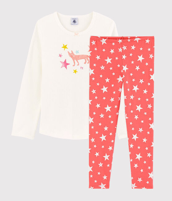 Girls' Starry Cotton Pyjamas MARSHMALLOW white/PEACHY pink