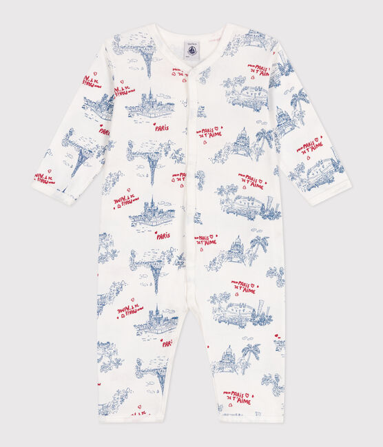 Babies' footless cotton Paris-themed pyjamas MARSHMALLOW white/MULTICO white