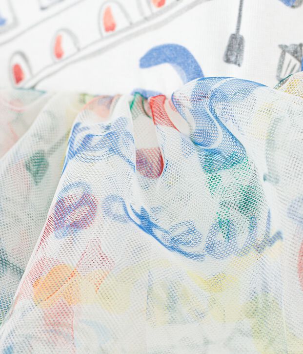 Children's short-sleeved dress in printed cotton and tulle white/multicolor