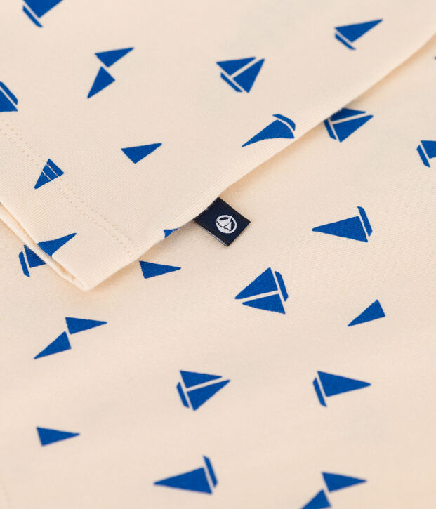 Children's short-sleeved printed cotton T-shirt Ecru/blue
