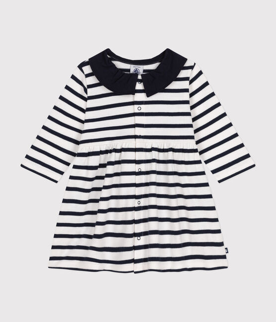 Babies' Long-Sleeved Thick Jersey Dress MARSHMALLOW white/SMOKING blue