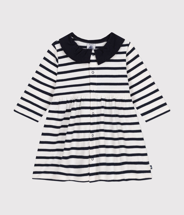 Babies' Long-Sleeved Thick Jersey Dress white/blue