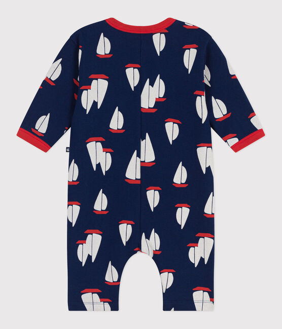 Babies' long-sleeved cotton playsuit printed with boats MEDIEVAL blue/MULTICO white