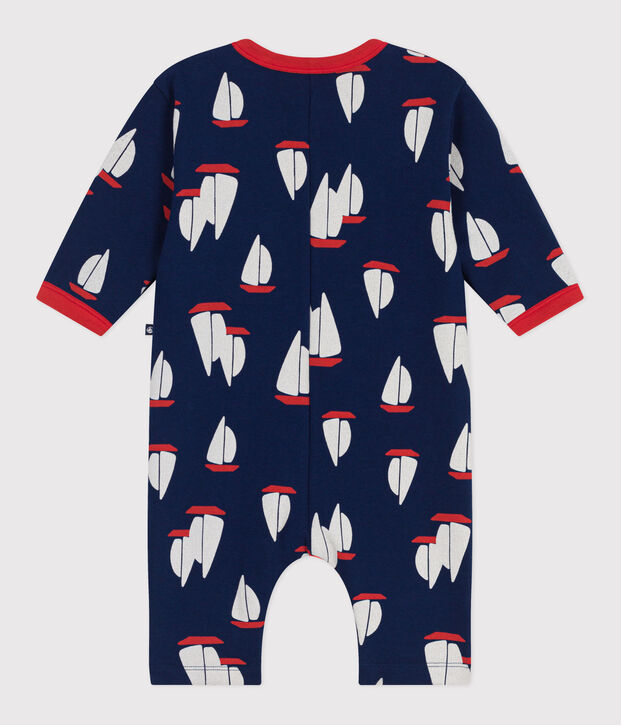 Babies' long-sleeved cotton playsuit printed with boats blue/multicolor