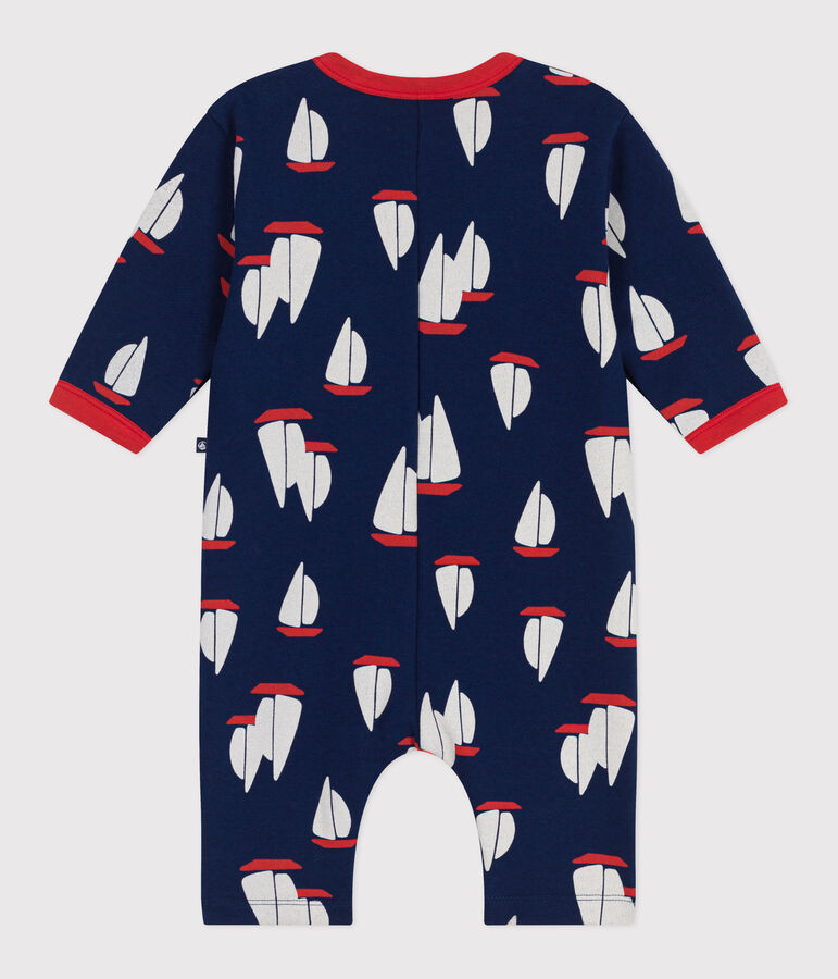 Babies' long-sleeved cotton playsuit printed with boats blue/multicolor