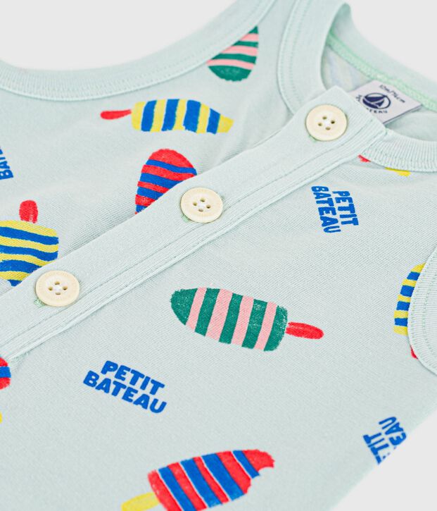 Babies' short cotton playsuit with an ice cream print blue/multicolor