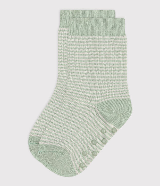 Two pairs of babies' stripy cotton socks with slip-resistant soles green/white