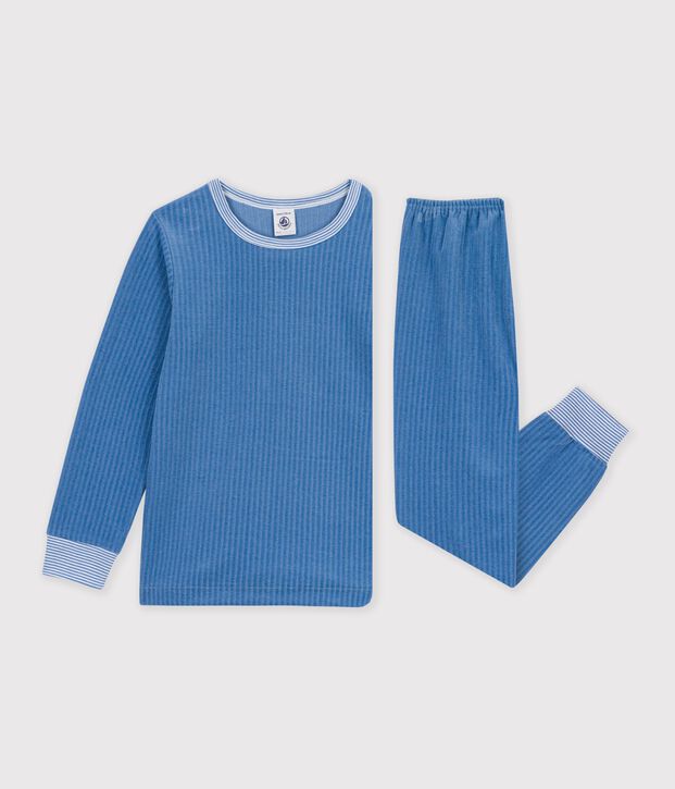 Children's plain ribbed velour pyjamas blue