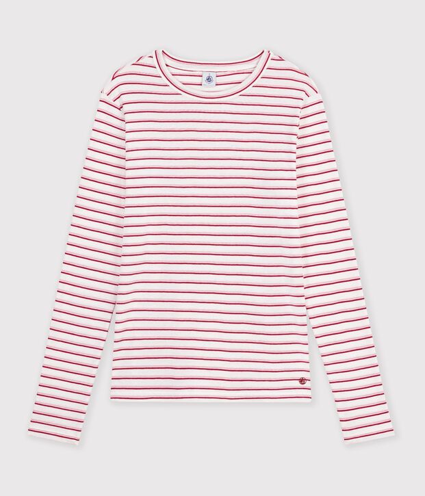 Women's long-sleeved stripy cotton T-shirt white/red