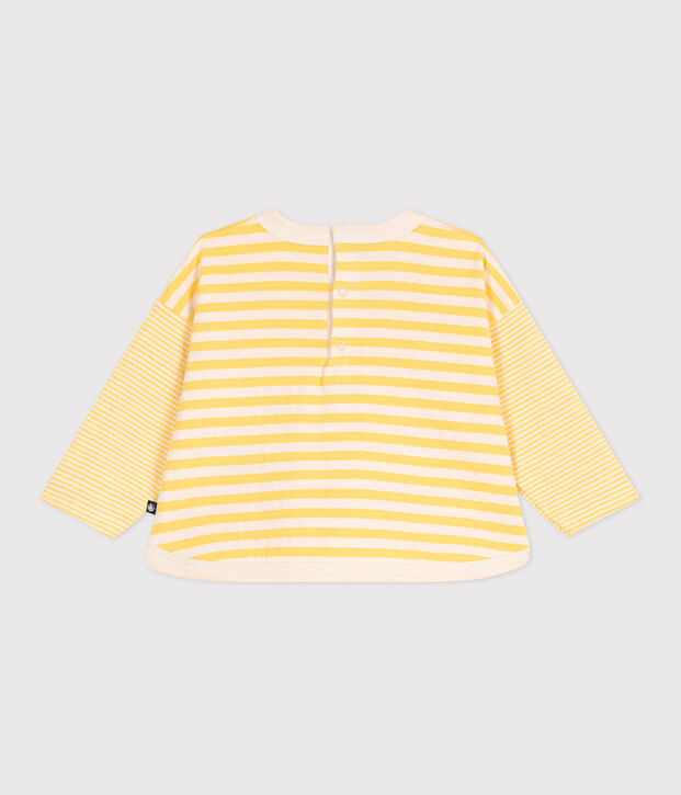 Babies' long sleeved stripy cotton T-shirt yellow/ecru