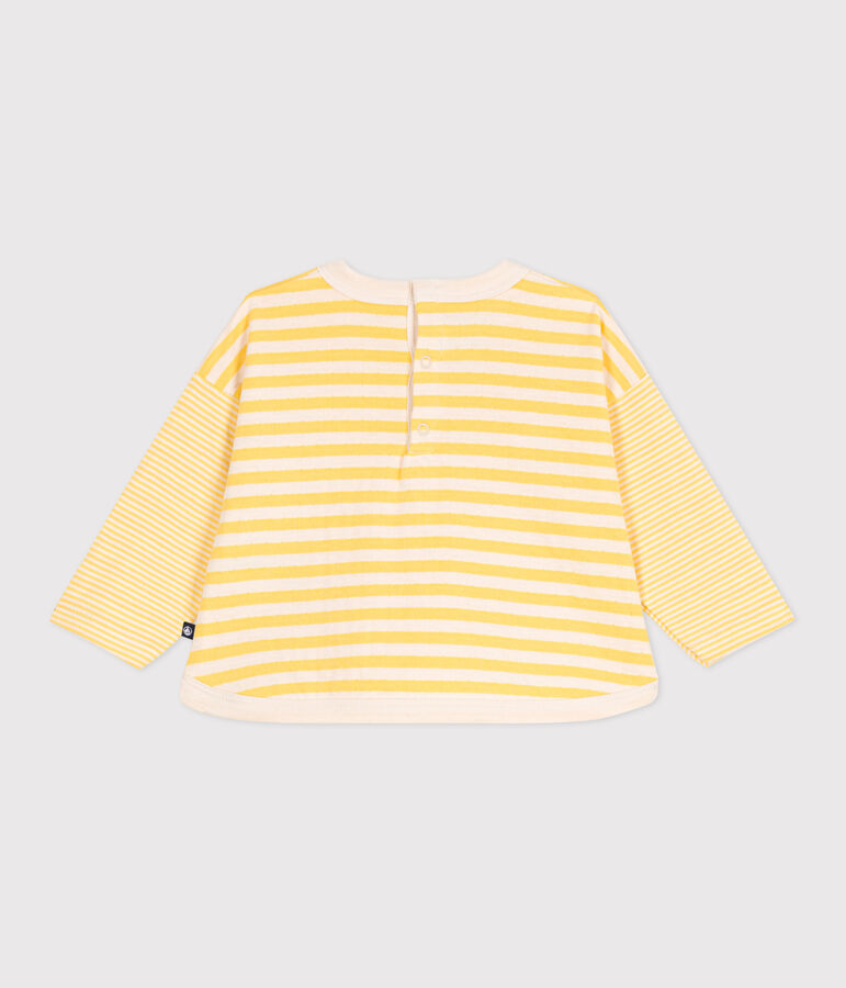 Babies' long sleeved stripy cotton T-shirt yellow/ecru