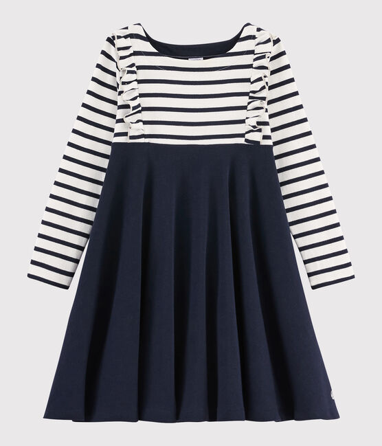 Girl's Long-sleeved Cotton Dress MARSHMALLOW white/SMOKING blue