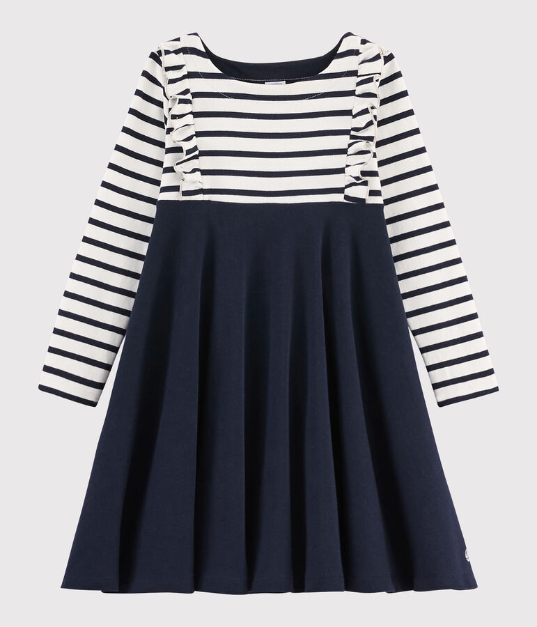 Girl's Long-sleeved Cotton Dress white/blue