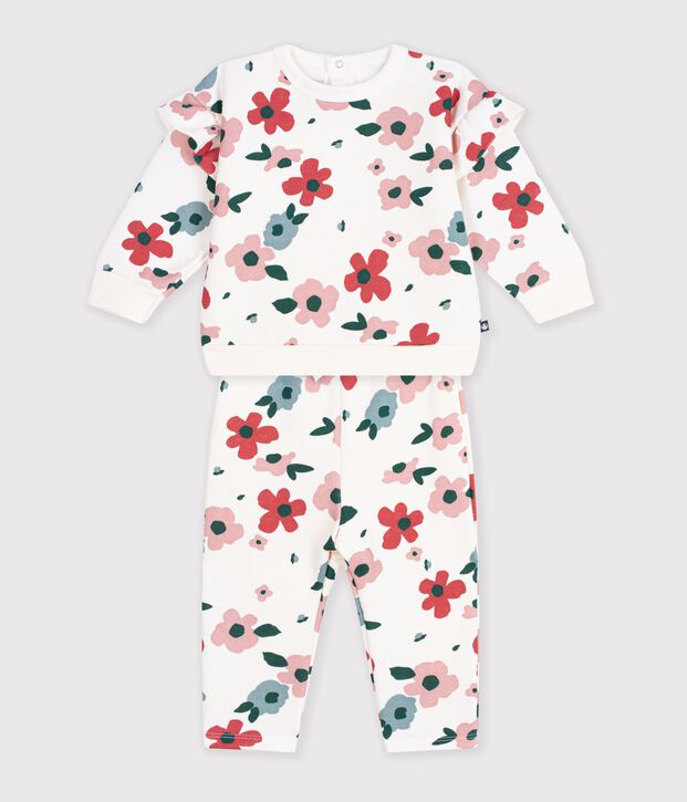 Babies' sweatshirt and trousers set in cotton with a flower print. Ecru/multicolor