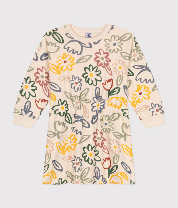 Little girls' long-sleeved fleece dress Ecru/multicolor