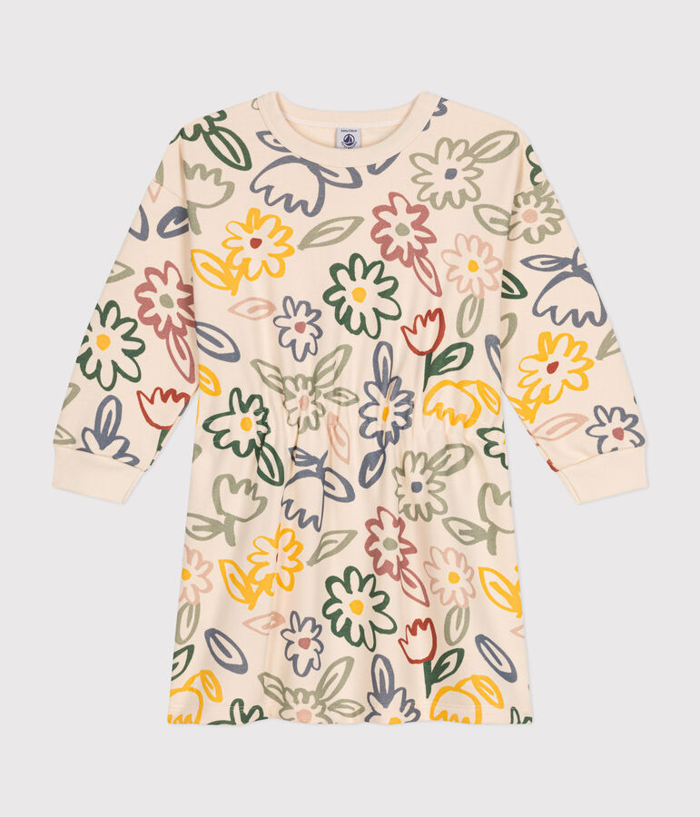 Little girls' long-sleeved fleece dress Ecru/multicolor