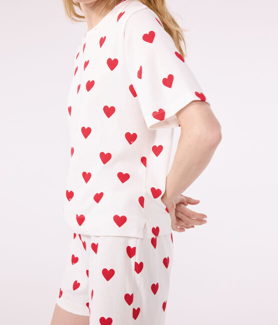 Women's Heart Themed Cotton Short Pyjamas MARSHMALLOW white/TERKUIT red